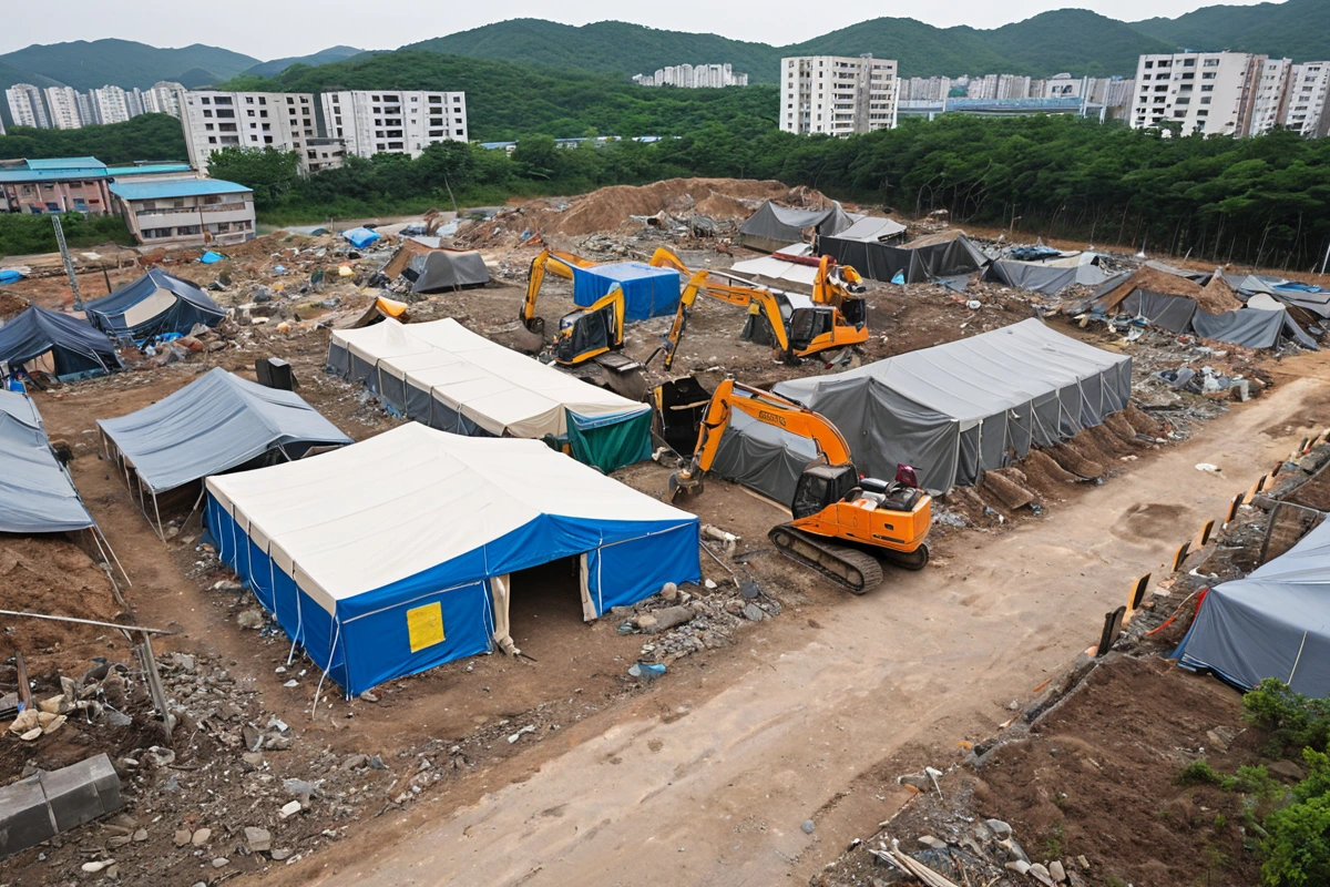 포항시 남구 공장 철거 현장에서 사전 점검을 마친 구조물과 특수 장비가 준비된 모습. 주변 주민의 불편을 최소화하기 위해 소음 차단 천막이 설치된 철거 현장의 실물 이미지.