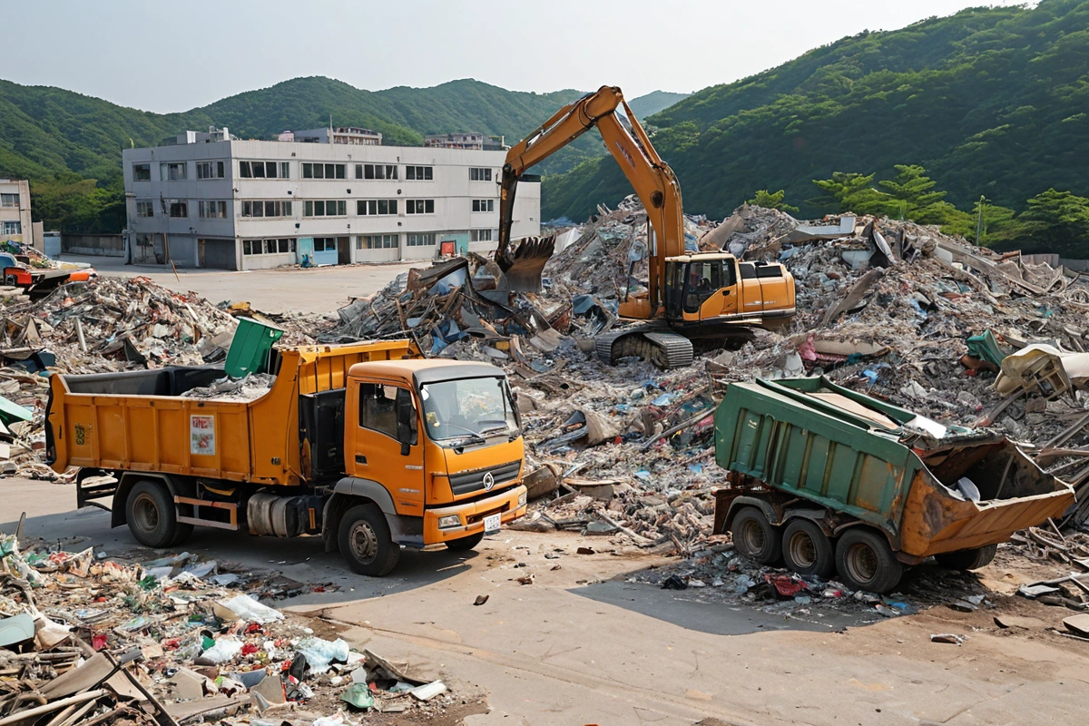 포항시 북구의 한 건물 철거 현장에서 철거 장비가 정리된 모습. 건물 잔해와 철거 작업을 위한 장비가 청결하게 정리되어 있는 모습. 철거 후 처리를 위한 대형 쓰레기 수거 차량이 